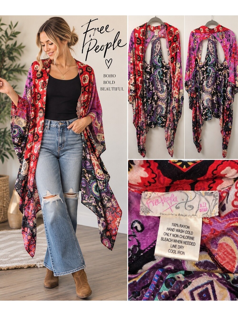 Free People Boho Paisley Open Front Kimono Cardigan S/M Mixed Print